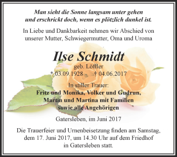 Traueranzeige von Ilse Schmidt von Super Sonntag Aschersleben