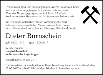 Traueranzeige von Dieter Bornschein von Super Sonntag SGH Mansf. Land