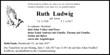 Traueranzeige von Ruth Ludwig von Mitteldeutsche Zeitung Halle/Saalkreis