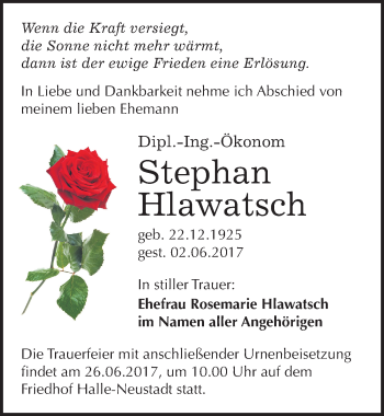 Traueranzeige von Stephan Hlawatsch von Mitteldeutsche Zeitung Halle/Saalkreis