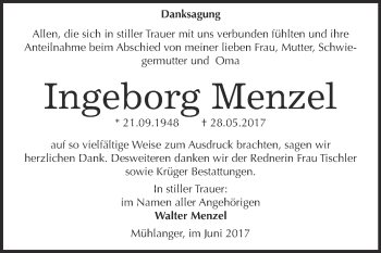 Traueranzeige von Ingeborg Menzel von Super Sonntag Wittenberg