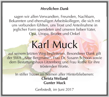 Traueranzeige von Karl Muck von Wochenspiegel Mansfelder Land