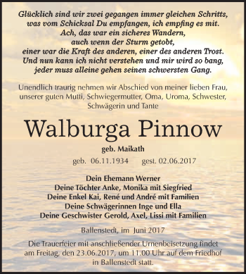 Traueranzeige von Walburga Pinnow von WVG - Wochenspiegel Quedlinburg