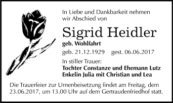 Traueranzeige von Sigrid Heidler von Mitteldeutsche Zeitung Halle/Saalkreis