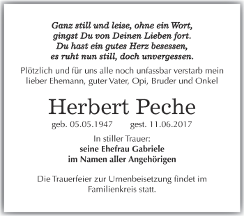Traueranzeige von Herbert Peche von WVG - Wochenspiegel Merseburg