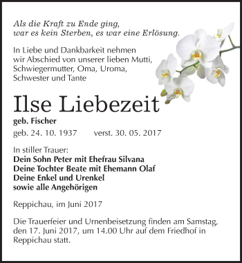 Traueranzeige von Ilse Liebezeit von Mitteldeutsche Zeitung Köthen