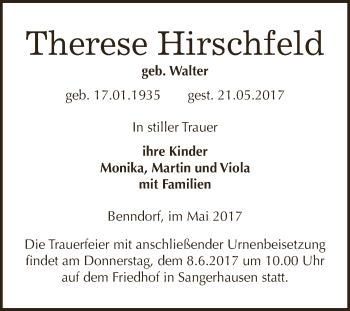 Traueranzeige von Therese Hirschfeld von Super Sonntag SGH Mansf. Land