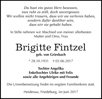 Traueranzeige von Brigitte Fintzel von Mitteldeutsche Zeitung Mansfelder Land