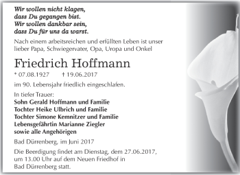 Traueranzeige von Friedrich Hoffmann von Super Sonntag Merseburg