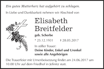 Traueranzeige von Elisabeth Breitfelder von WVG - Wochenspiegel Bitterfeld