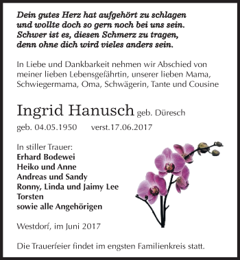 Traueranzeige von Ingrid Hanusch von Mitteldeutsche Zeitung Aschersleben