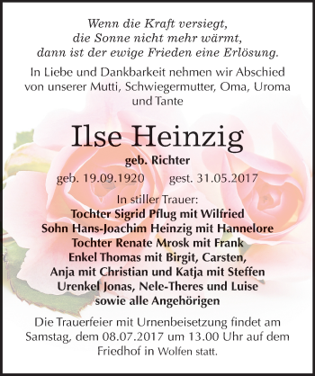 Traueranzeige von Ilse Heinzig von Mitteldeutsche Zeitung Bitterfeld