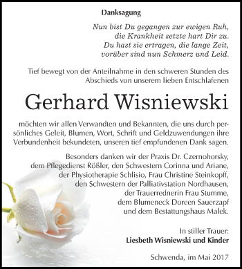 Traueranzeige von Gerhard Wisniewski von Super Sonntag SGH Mansf. Land