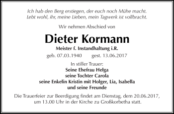 Traueranzeige von Dieter Kormann von Super Sonntag Merseburg