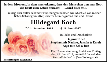 Traueranzeige von Hildegard Koch von WVG - Wochenspiegel Quedlinburg