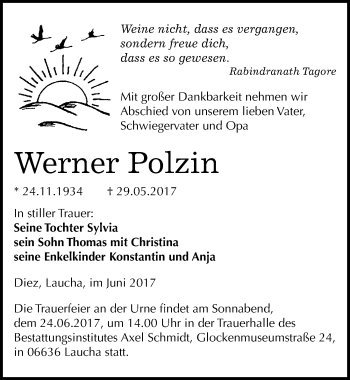 Traueranzeige von Werner Polzin von Mitteldeutsche Zeitung Naumburg/Nebra