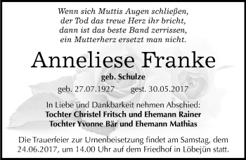 Traueranzeige von Anneliese Franke von Mitteldeutsche Zeitung Halle/Saalkreis