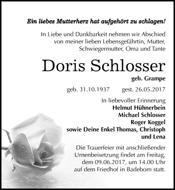 Traueranzeige von Doris Schlosser von Mitteldeutsche Zeitung Quedlinburg