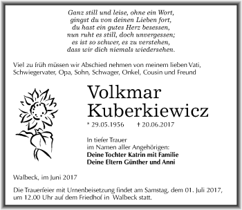 Traueranzeige von Volkmar Kuberkiewicz von Mitteldeutsche Zeitung Mansfelder Land