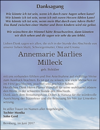 Traueranzeige von Annemarie Marlies Milleck von Mitteldeutsche Zeitung Bernburg