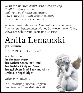 Traueranzeige von Anita Lemanski von Super Sonntag SGH Mansf. Land