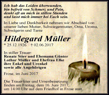 Traueranzeige von Hildegard Müller von Mitteldeutsche Zeitung Aschersleben