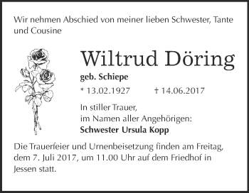 Traueranzeige von Wiltrud Döring von WVG - Wochenspiegel Wittenberg