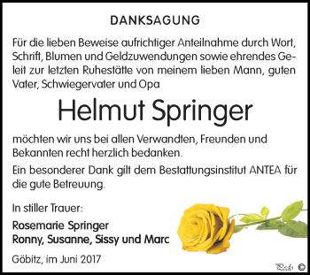 Traueranzeige von Helmut Springer von Super Sonntag Zeitz