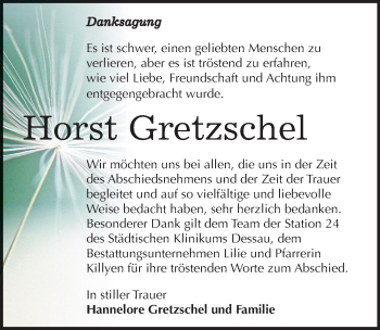 Traueranzeige von Horst Gretzschel von Mitteldeutsche Zeitung Dessau-Roßlau