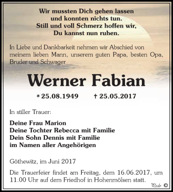 Traueranzeige von Werner Fabian von WVG - Wochenspiegel NMB / WSF / ZTZ