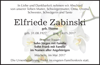 Traueranzeige von Elfriede Zabinski von Mitteldeutsche Zeitung Merseburg/Querfurt
