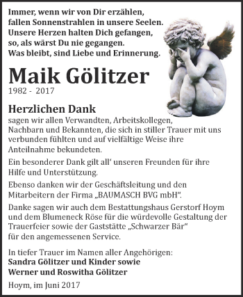 Traueranzeige von Maik Gölitzer von Super Sonntag Aschersleben