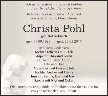 Traueranzeige von Christa Pohl von Super Sonntag Merseburg