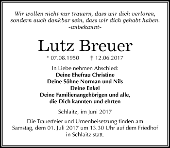 Traueranzeige von Lutz Breuer von Mitteldeutsche Zeitung Bitterfeld