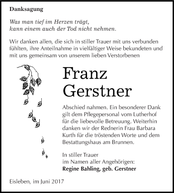 Traueranzeige von Franz Gerstner von Wochenspiegel Mansfelder Land