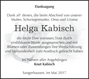 Traueranzeige von Helga Kabisch von Super Sonntag SGH Mansf. Land