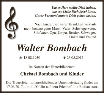 Traueranzeige von Walter Bombach von WVG - Wochenspiegel Dessau / Köthen