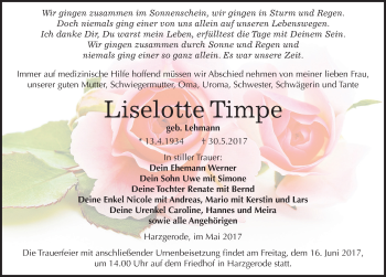 Traueranzeige von Liselotte Timpe von Mitteldeutsche Zeitung Quedlinburg