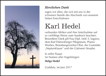 Traueranzeige von Karl Hedel von Mitteldeutsche Zeitung Merseburg/Querfurt