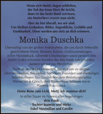 Traueranzeige von Monika Duschka von Super Sonntag Bernburg