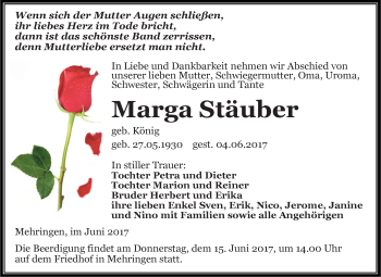 Traueranzeige von Marga Stäuber von Super Sonntag Aschersleben