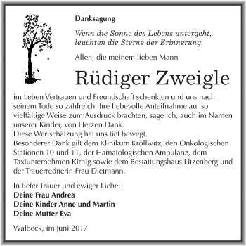 Traueranzeige von Rüdiger Zweigle von Wochenspiegel Mansfelder Land