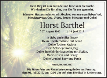 Traueranzeige von Horst Barthel von WVG - Wochenspiegel Quedlinburg