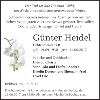Traueranzeige von Günter Heidel von WVG - Wochenspiegel Bitterfeld