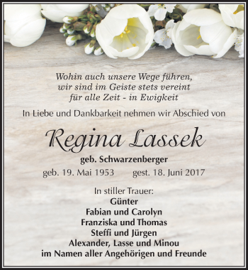 Traueranzeige von Regina Lassek von Mitteldeutsche Zeitung Zeitz