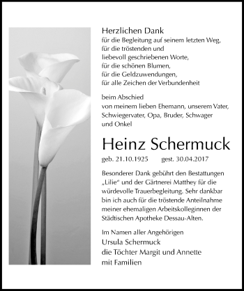 Traueranzeige von Heinz Schermuck von Mitteldeutsche Zeitung Dessau-Roßlau