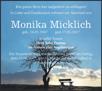 Traueranzeige von Monika Micklich von WVG - Wochenspiegel Bitterfeld