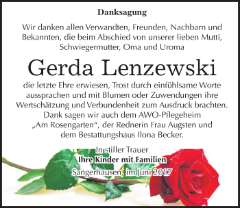 Traueranzeige von Gerda Lenzewski von Mitteldeutsche Zeitung Sangerhausen
