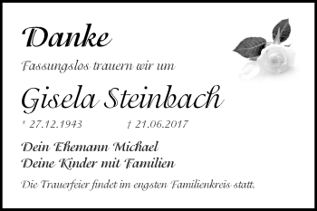 Traueranzeige von Gisela Steinbach von Super Sonntag SGH Mansf. Land