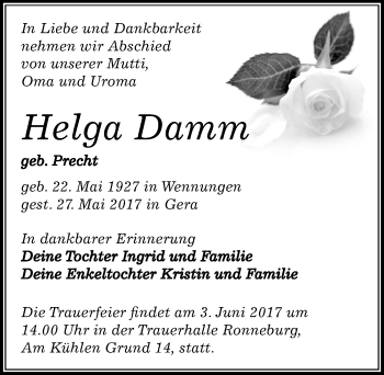 Traueranzeige von Helga Damm von Mitteldeutsche Zeitung Naumburg/Nebra
